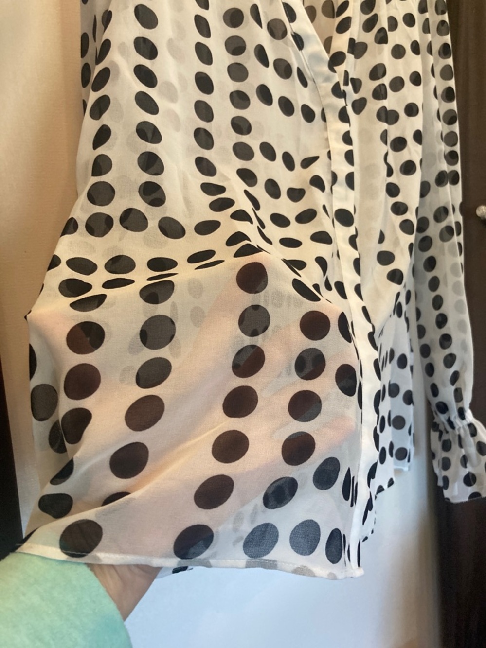 White House Black Market White Sheer Polka Dot Blouse with Black Dots - Picture 5 of 10